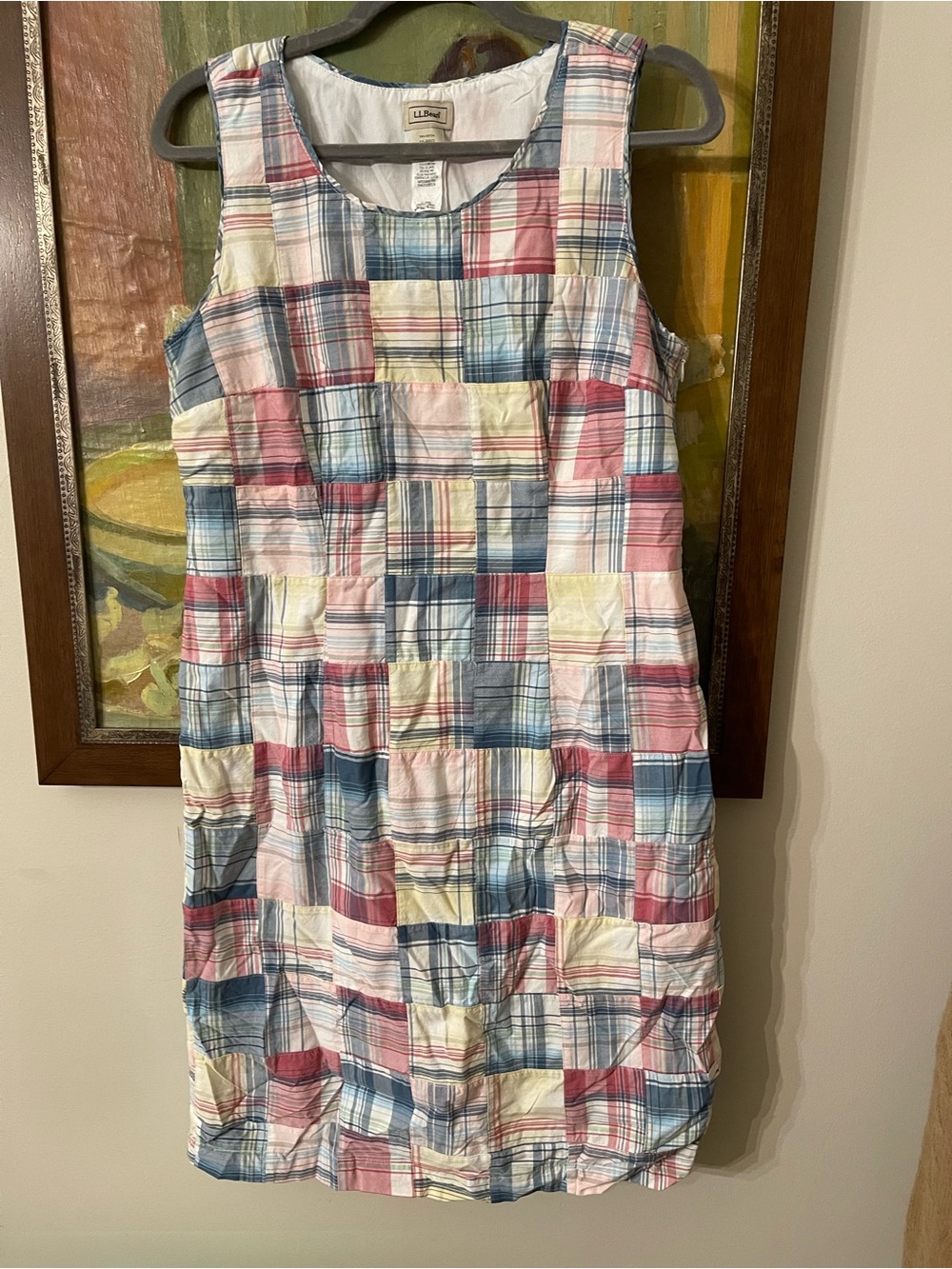 L.L. Bean Sleeveless Plaid Patchwork Dress in Blue, Pink, Cream